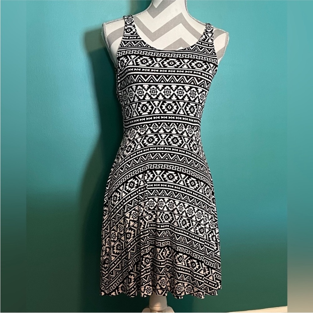 Express Black and White Tribal Print Fit-and-Flare Dress